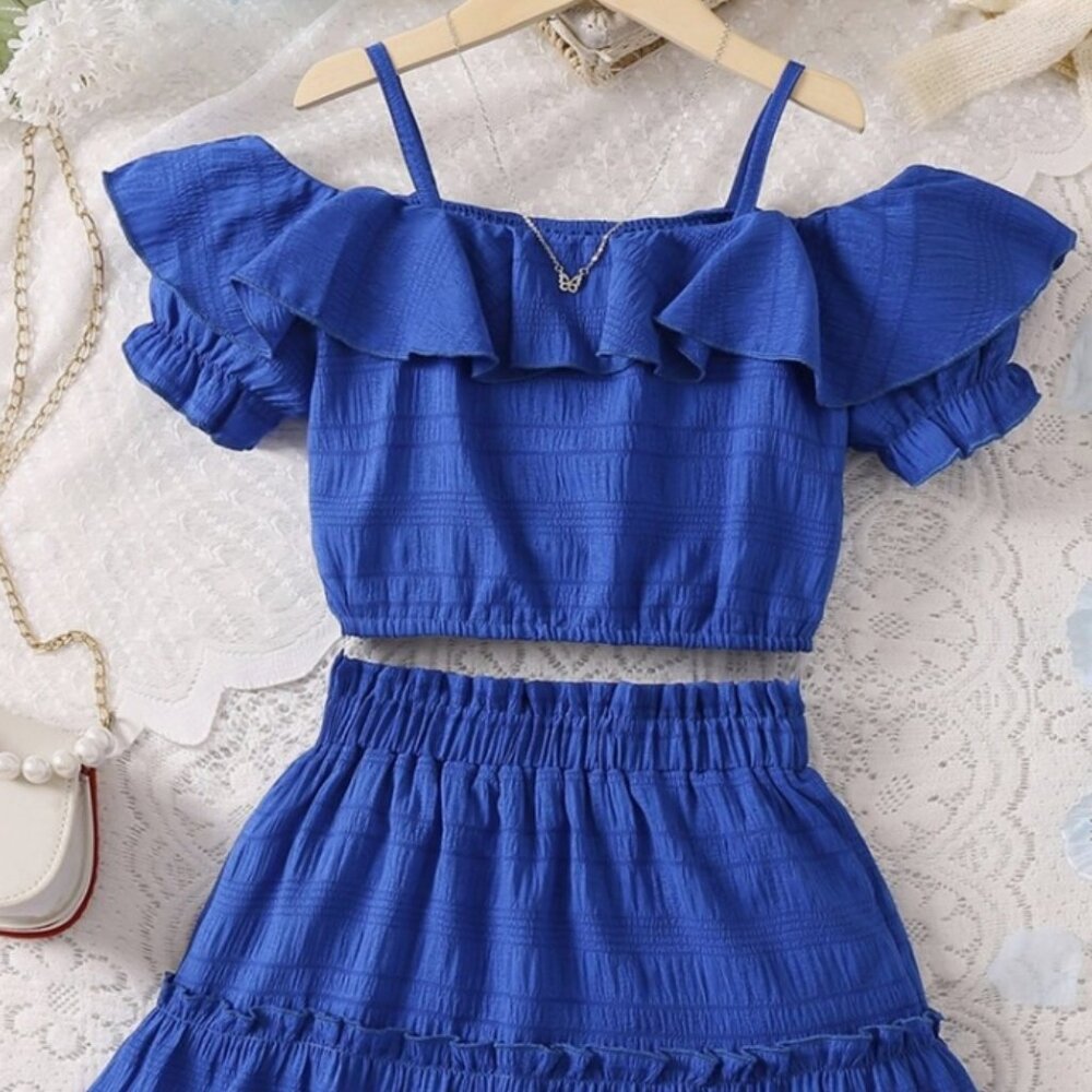 SHEIN Tween Girl Blue Solid Color Spaghetti Strap Ruffled Top And Frill 8 Yr old